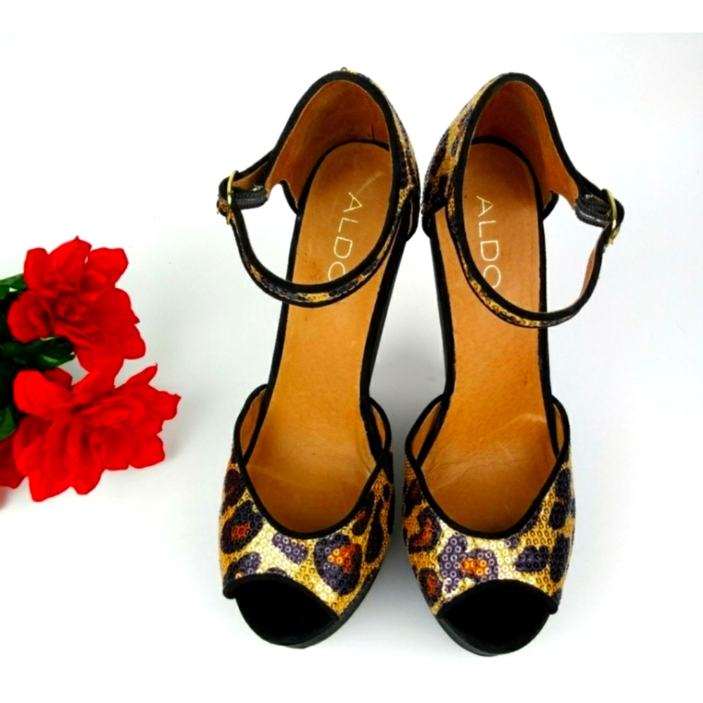 Aldo Sequin Peep Toe Platform Wedge - 8.5